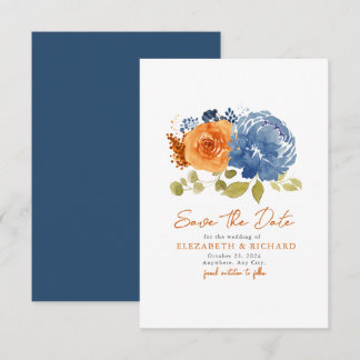 Navy Blue Burnt Orange Bouquet Fall Floral Save The Date