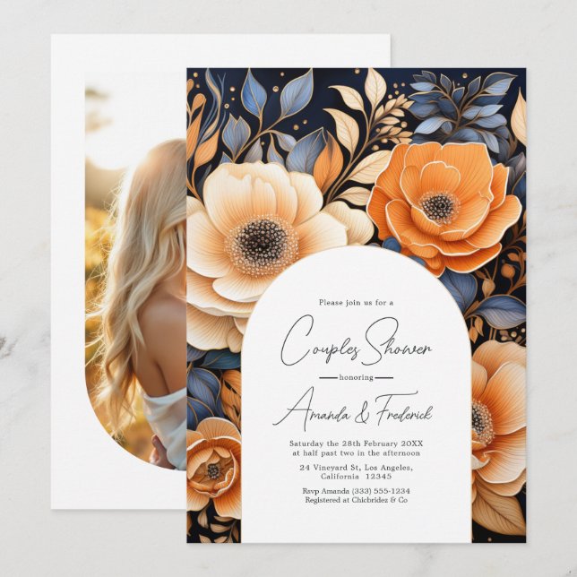 Navy Blue, Burnt Orange & Champagne Couples Shower Invitation (Front/Back)