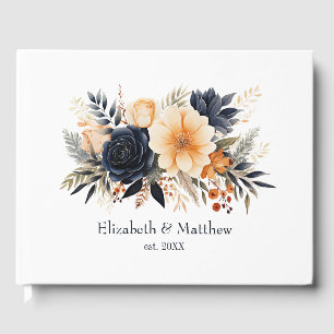 Navy Blue, Burnt Orange & Champagne Floral Wedding Guest Book