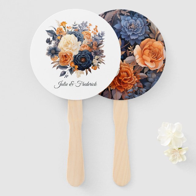 Navy Blue, Burnt Orange & Champagne Floral Wedding Hand Fan (Front and Back)