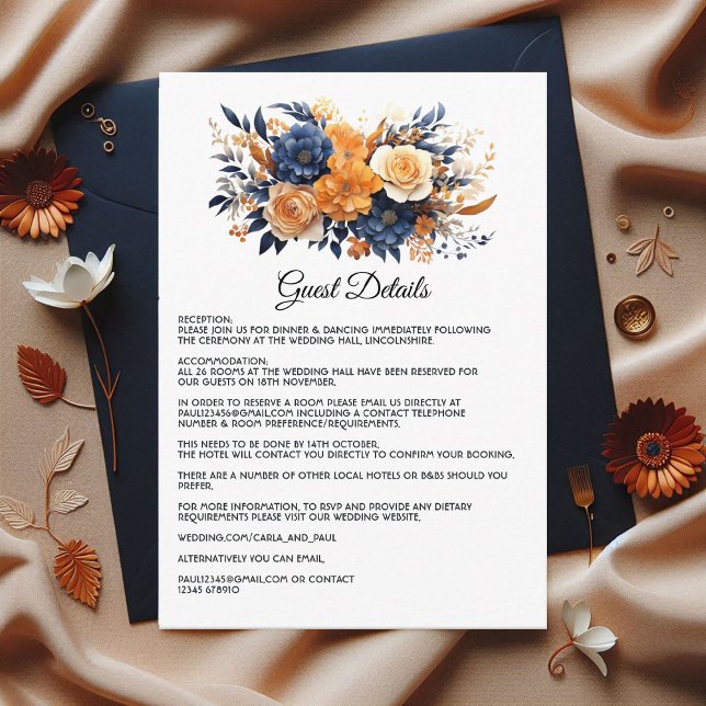 Navy Blue, Burnt Orange & Champagne Guest Details Enclosure Card (Navy Blue, Burnt Orange and Champagne Guest Details Enclosure Card)