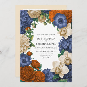 Navy Blue, Burnt Orange & Champagne Wedding Invitation