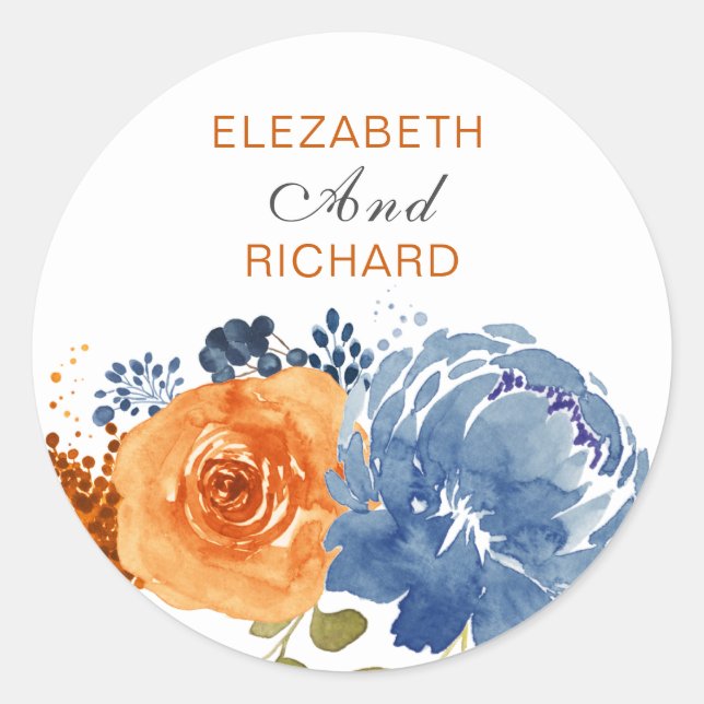 Navy Blue  Burnt Orange Floral Boho Classic Round Sticker (Front)