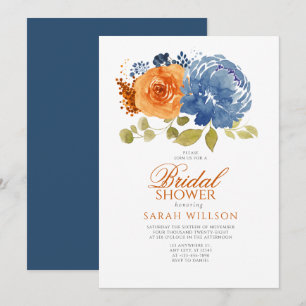 Navy Blue Burnt Orange Floral bridal shower Invitation