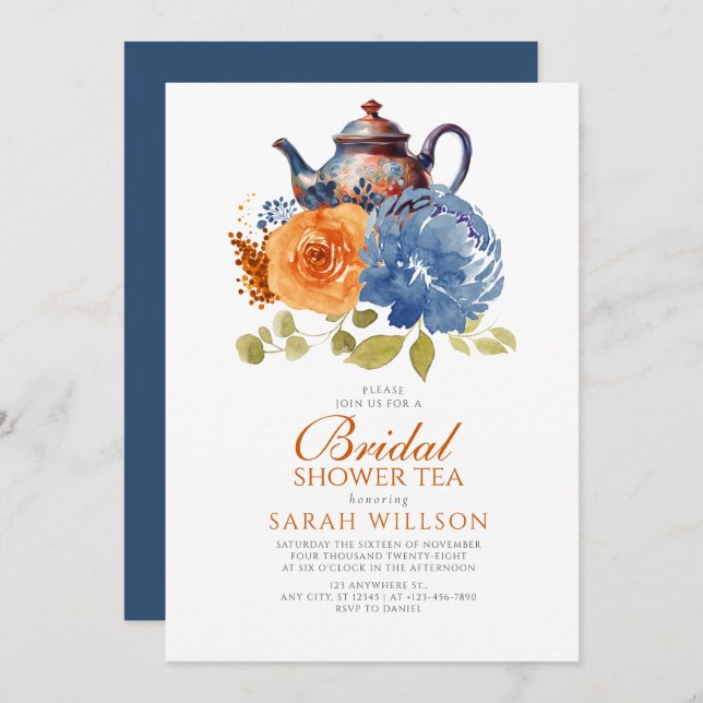 Navy Blue Burnt Orange Floral Bridal Shower Tea Invitation (Front/Back)