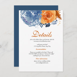 Navy Blue Burnt Orange Floral Fall Wedding Details Enclosure Card