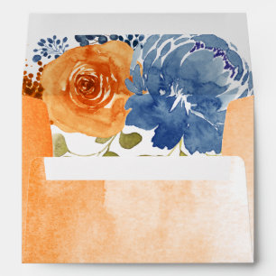 Navy Blue Burnt Orange Floral Terracotta Wedding Envelope