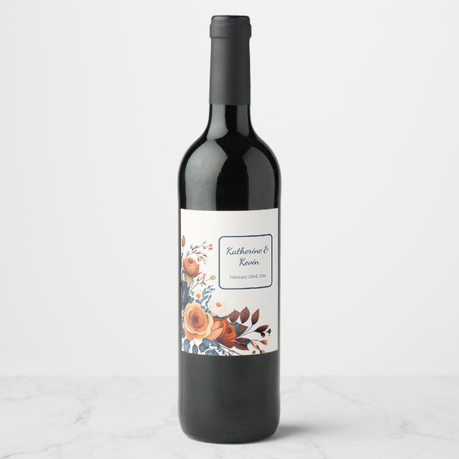 Navy Blue Burnt Orange Floral Wedding Wine Label (Front)