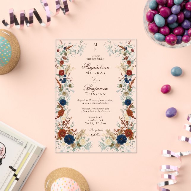 Navy Blue & Burnt Orange Florals Rust Fall Wedding Acrylic Invitations (Insitu (Celebration))