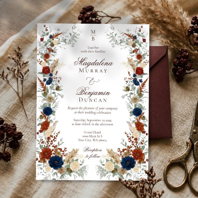 Navy Blue & Burnt Orange Florals Rust Fall Wedding Invitation (Creator Uploaded)