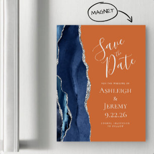 Navy Blue Burnt Orange Magnetic Save the Date Card