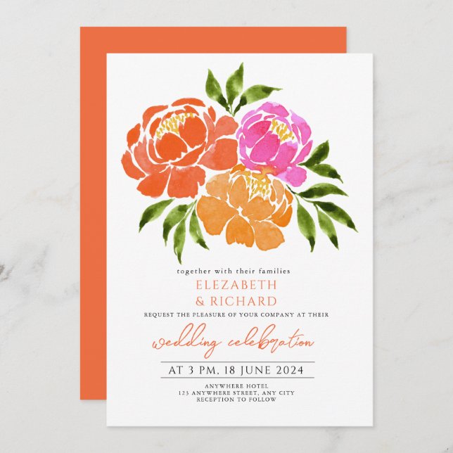  Navy Blue Burnt Orange Terracotta  Floral Wedding Invitation (Front/Back)