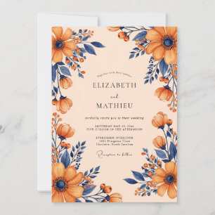 Navy Blue Burnt Orange Vibrant Autumnal Wedding Invitation