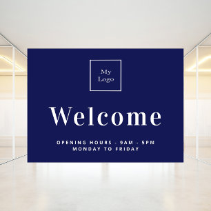 Navy blue business logo opening hours welcome