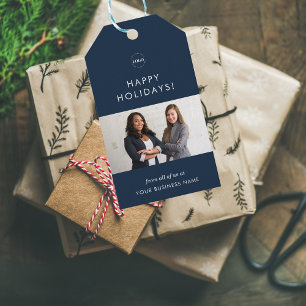 Navy Blue Business Xmas Logo Team Photo Company Gift Tags