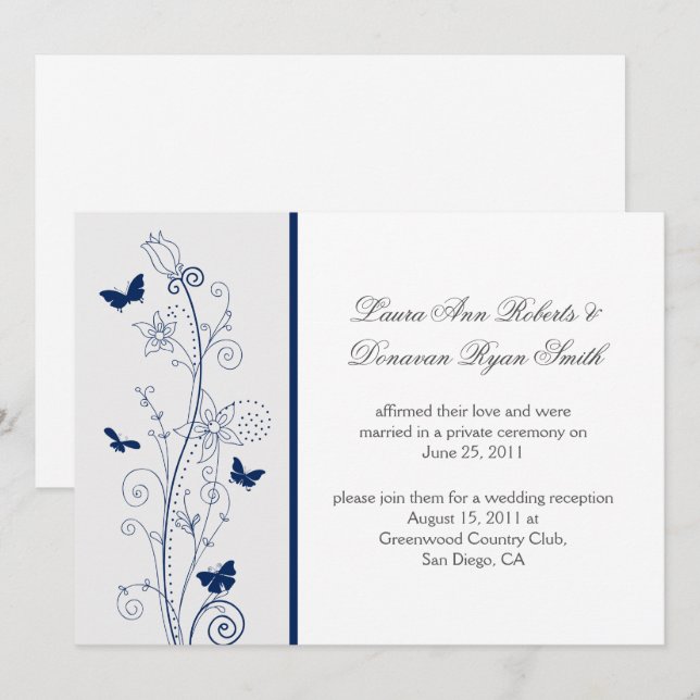 Navy Blue Butterflies Ornate Swirls Post Wedding Invitation (Front/Back)