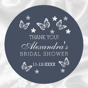 Navy Blue Butterfly Bridal Shower Thank You Classic Round Sticker