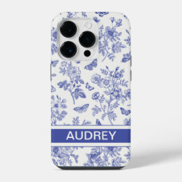 Navy Blue Butterfly Toile iPhone 14 Pro Case
