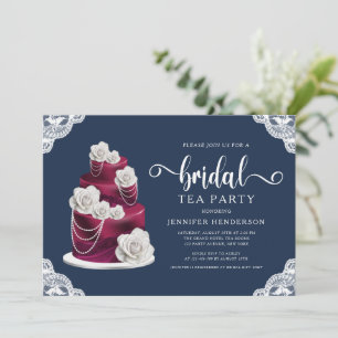 Navy Blue Cake And Lace Bridal Shower Tea Party  Invitation