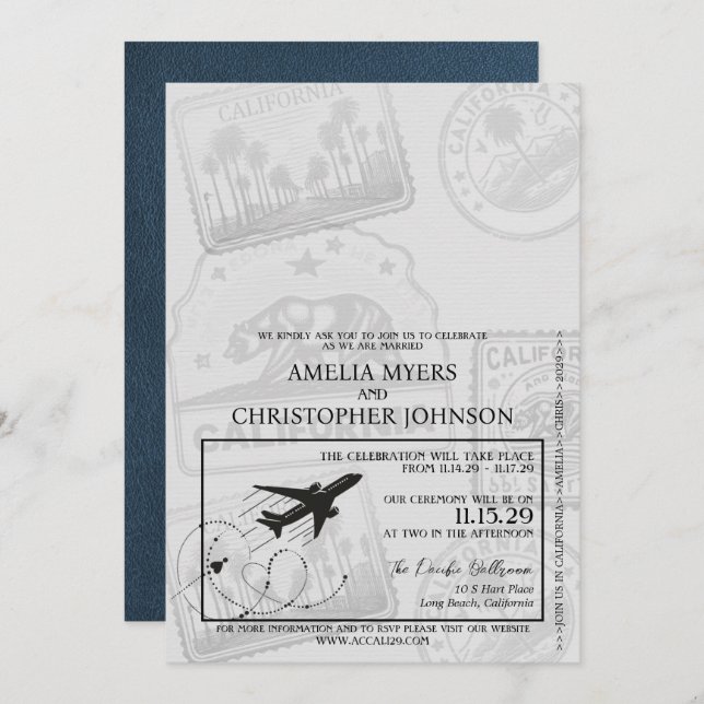 Navy Blue California Passport Wedding Invitation (Front/Back)