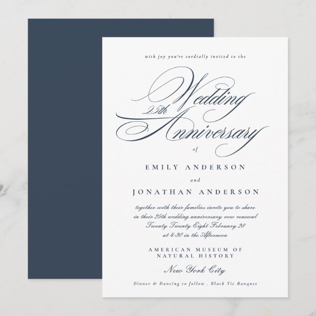 Navy Blue Calligraphy 25th Wedding Anniversary Invitation (Front/Back)