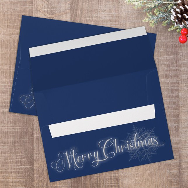 Navy Blue Calligraphy Script Merry Christmas Party Envelope (Merry Christmas Navy blue silver calligraphy script envelope. )