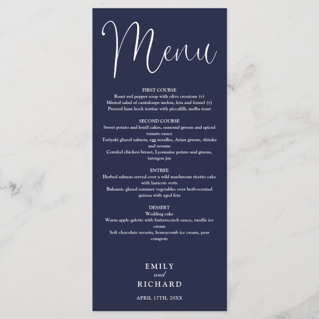 Navy Blue Calligraphy Script Wedding Menu (Front)