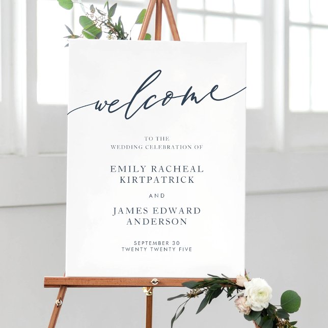 Navy Blue Calligraphy Simple welcome Wedding Poster (Creator Uploaded)
