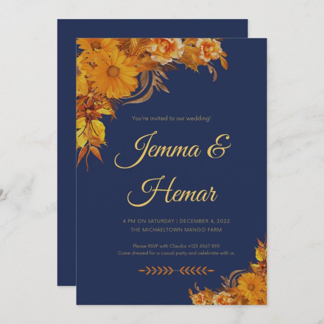 Navy blue calligraphy with Sun Flowers Invitation (Front/Back)