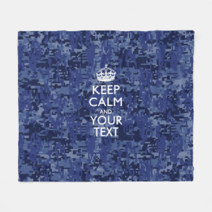 Navy Blue Camo Keep Calm And Your Text Fleece Blanket