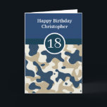 Navy Blue Camouflage 18th Birthday Card<br><div class="desc">A blue personalised camouflage 18th birthday card for him, which you will be able to easily personalise the front with the recipient's name. The inside reads a birthday message which can also be personalised if wanted. The back features the navy blue and camo design. Please see all photos. This blue...</div>