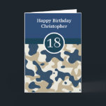 Navy Blue Camouflage 18th Birthday Card<br><div class="desc">A blue personalised camouflage 18th birthday card for him, which you will be able to easily personalise the front with the recipient's name. The inside reads a birthday message which can also be personalised if wanted. The back features the navy blue and camo design. Please see all photos. This blue...</div>