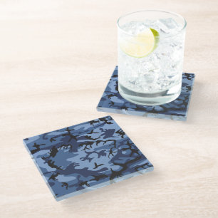 Navy Blue Camouflage, Military, Army Glass Coaster