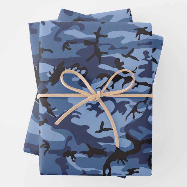 Navy Blue Camouflage, Military, Army Wrapping Paper Sheet (In situ)