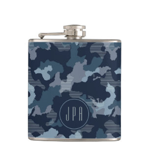 Navy Blue Camouflage Military Pattern Monogram Hip Flask