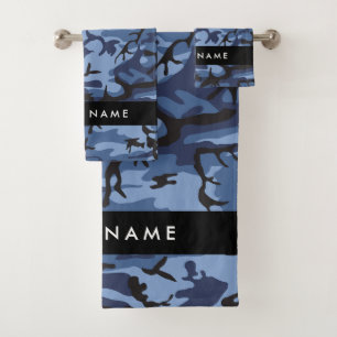 Navy Blue Camouflage Your name Personalise Bath Towel Set