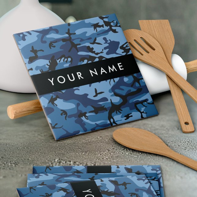 Navy Blue Camouflage Your name Personalise Ceramic Tile (Creator Uploaded)