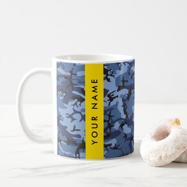 Navy Blue Camouflage Your name Personalise Coffee Mug (With Donut)