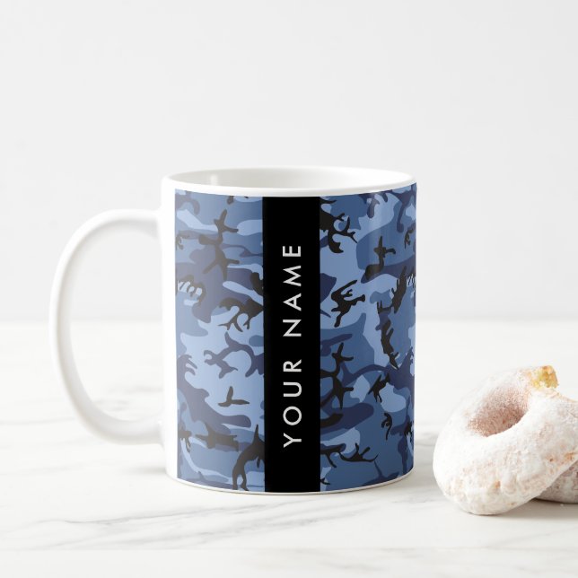 Navy Blue Camouflage Your name Personalise Coffee Mug (With Donut)