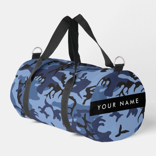 Navy Blue Camouflage Your name Personalise Duffle Bag (Left Corner)