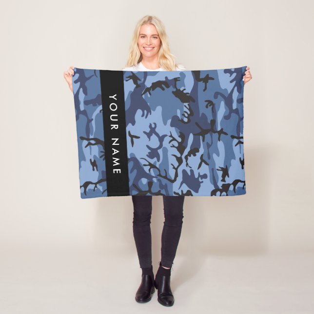 Navy Blue Camouflage Your name Personalise Fleece Blanket (In Situ)
