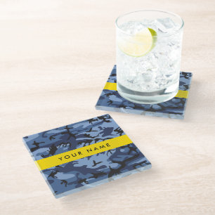 Navy Blue Camouflage Your name Personalise Glass Coaster