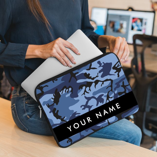Navy Blue Camouflage Your name Personalise Laptop Sleeve (Creator Uploaded)