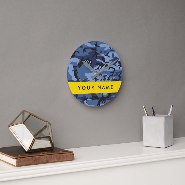 Navy Blue Camouflage Your name Personalise Round Clock (Office)