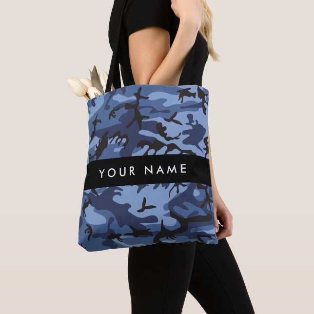 Navy Blue Camouflage Your name Personalise Tote Bag (Close Up)