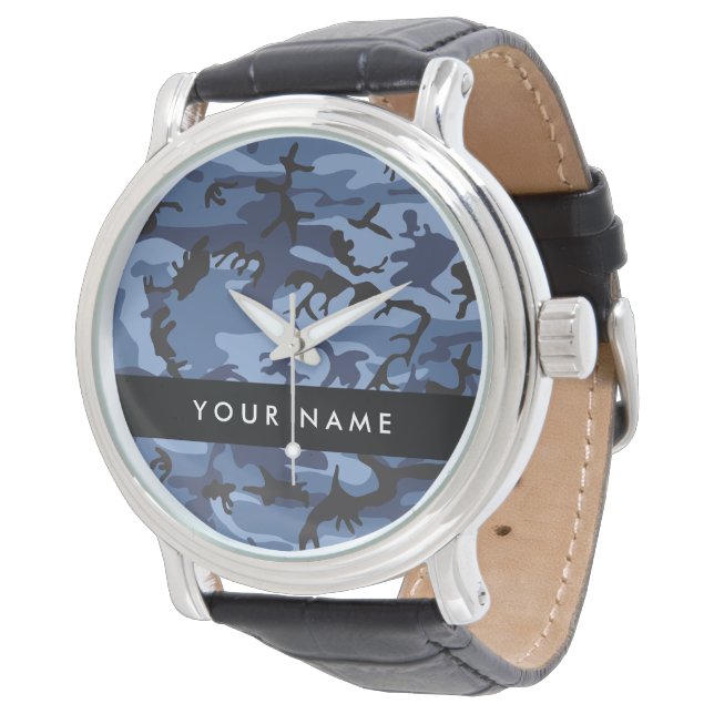 Navy Blue Camouflage Your name Personalise Watch (Angled)