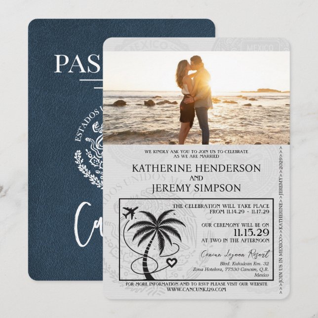 Navy Blue Cancun Passport Wedding Invitation (Front/Back)