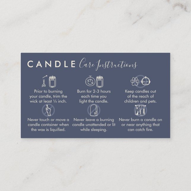 Navy Blue Candle Care Instructions Business Card (Back)