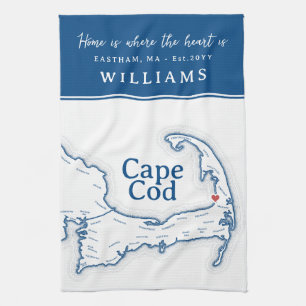 Navy Blue Cape Cod Map New Home Tea Towel