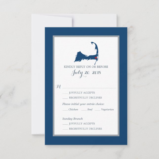 Navy Blue Cape Cod with heart | Wedding RSVP menu (Front)